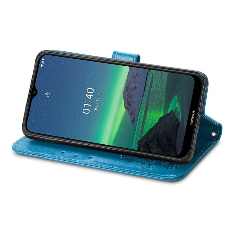 For Nokia 1.4 Four-leaf Clasp Embossed Buckle Mobile Phone Protection Leather Case with Lanyard & Card Slot & Wallet & Bracket Function