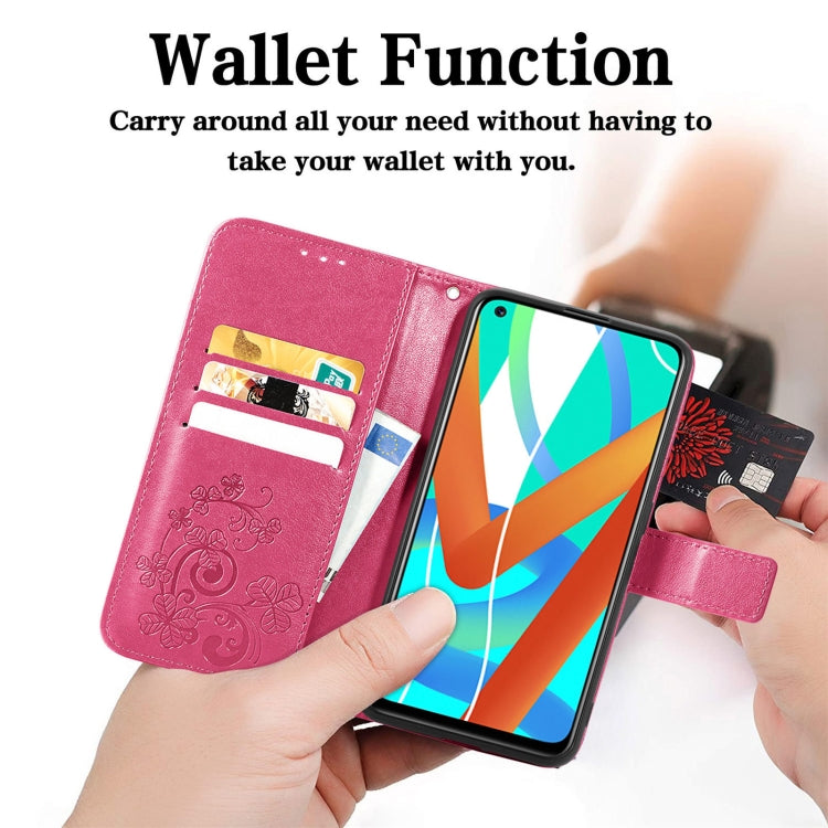 For OPPO Realme V13 Four-leaf Clasp Embossed Buckle Mobile Phone Protection Leather Case with Lanyard & Card Slot & Wallet & Bracket Function