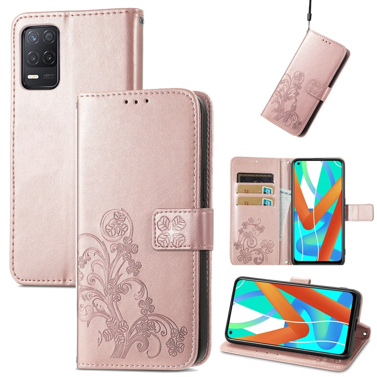 For OPPO Realme V13 Four-leaf Clasp Embossed Buckle Mobile Phone Protection Leather Case with Lanyard & Card Slot & Wallet & Bracket Function