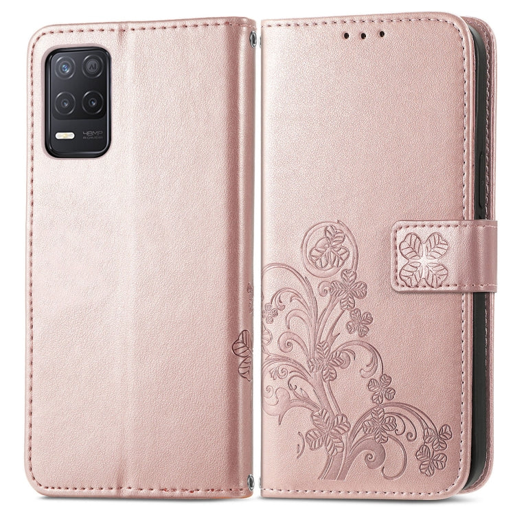 For OPPO Realme V13 Four-leaf Clasp Embossed Buckle Mobile Phone Protection Leather Case with Lanyard & Card Slot & Wallet & Bracket Function