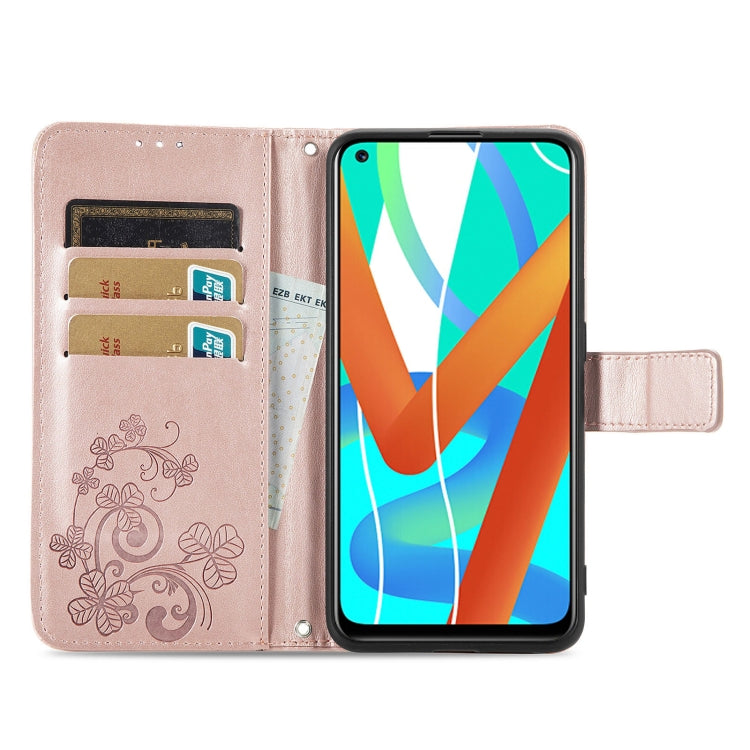 For OPPO Realme V13 Four-leaf Clasp Embossed Buckle Mobile Phone Protection Leather Case with Lanyard & Card Slot & Wallet & Bracket Function
