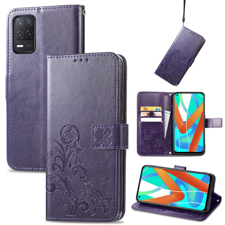 For OPPO Realme V13 Four-leaf Clasp Embossed Buckle Mobile Phone Protection Leather Case with Lanyard & Card Slot & Wallet & Bracket Function