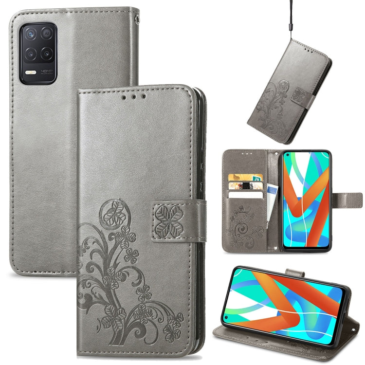 For OPPO Realme V13 Four-leaf Clasp Embossed Buckle Mobile Phone Protection Leather Case with Lanyard & Card Slot & Wallet & Bracket Function