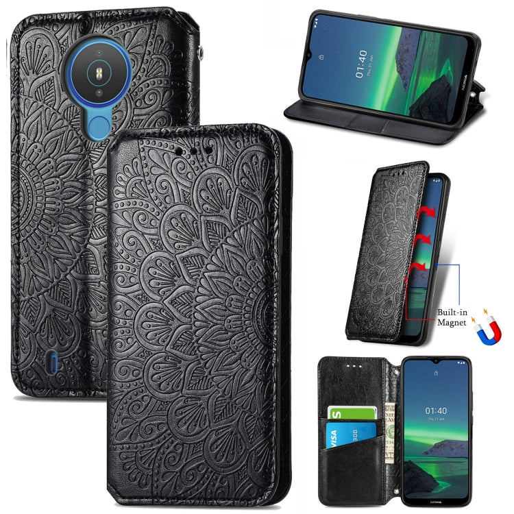 For Nokia 1.4 Blooming Mandala Embossed Pattern Magnetic Horizontal Flip Leather Case with Holder & Card Slots & Wallet