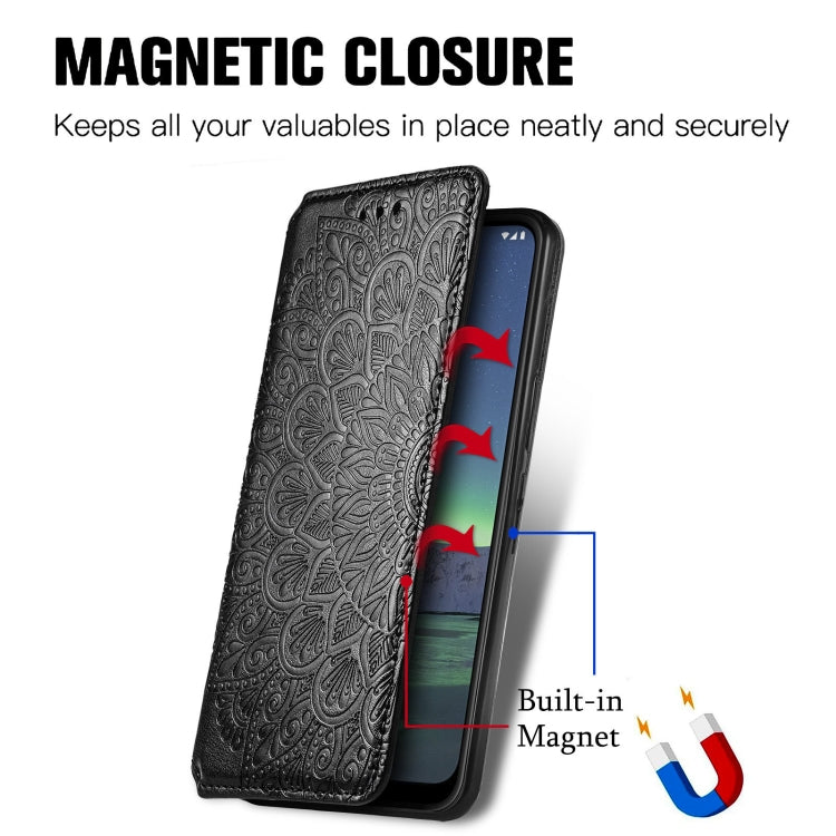 For Nokia 1.4 Blooming Mandala Embossed Pattern Magnetic Horizontal Flip Leather Case with Holder & Card Slots & Wallet