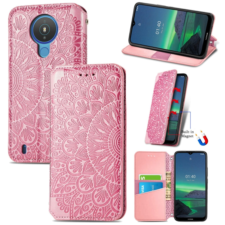 For Nokia 1.4 Blooming Mandala Embossed Pattern Magnetic Horizontal Flip Leather Case with Holder & Card Slots & Wallet