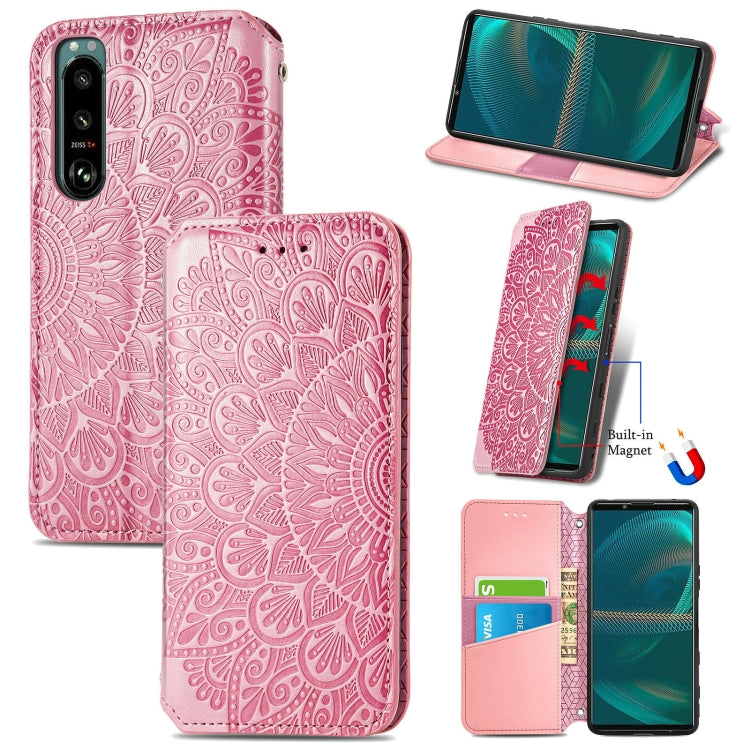 For Sony Xperia 5 III Blooming Mandala Embossed Pattern Magnetic Horizontal Flip Leather Case with Holder & Card Slots & Wallet