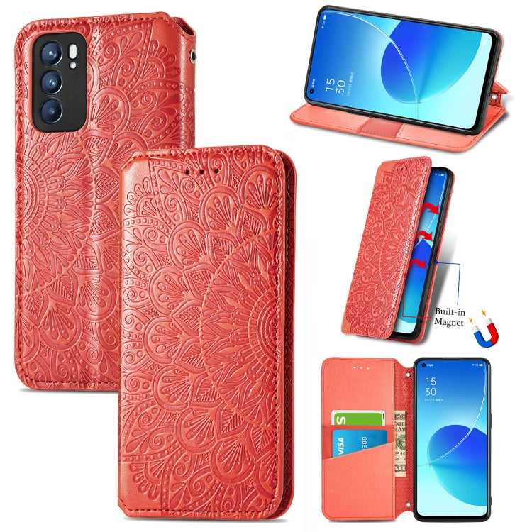 For OPPO Reno6 5G Blooming Mandala Embossed Pattern Magnetic Horizontal Flip Leather Case with Holder & Card Slots & Wallet