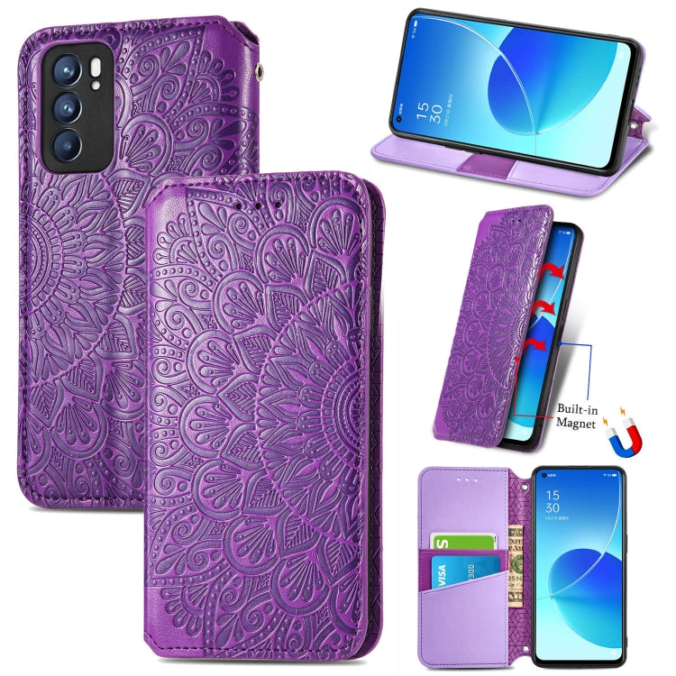 For OPPO Reno6 5G Blooming Mandala Embossed Pattern Magnetic Horizontal Flip Leather Case with Holder & Card Slots & Wallet