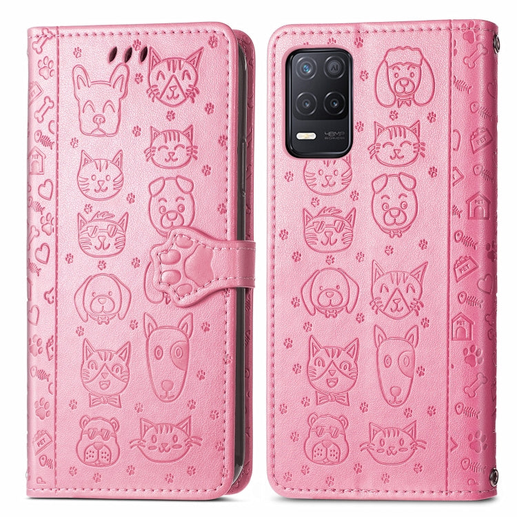 For OPPO Realme V15 5G Cute Cat and Dog Embossed Horizontal Flip Leather Case with Holder & Card Slots & Wallet & Lanyard