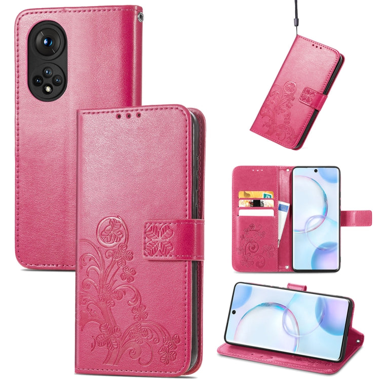 For Honor 50 Four-leaf Clasp Embossed Buckle Mobile Phone Protection Leather Case with Lanyard & Card Slot & Wallet & Bracket Function