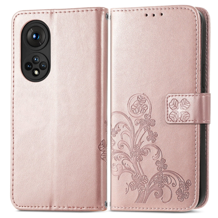 For Honor 50 Four-leaf Clasp Embossed Buckle Mobile Phone Protection Leather Case with Lanyard & Card Slot & Wallet & Bracket Function