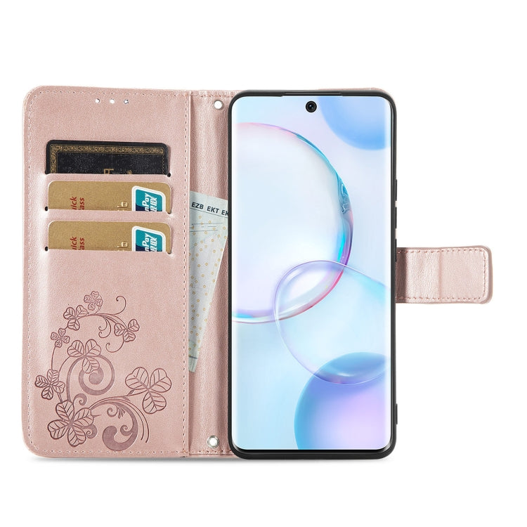 For Honor 50 Four-leaf Clasp Embossed Buckle Mobile Phone Protection Leather Case with Lanyard & Card Slot & Wallet & Bracket Function