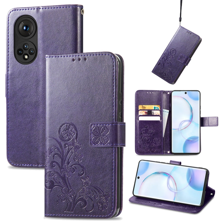For Honor 50 Four-leaf Clasp Embossed Buckle Mobile Phone Protection Leather Case with Lanyard & Card Slot & Wallet & Bracket Function