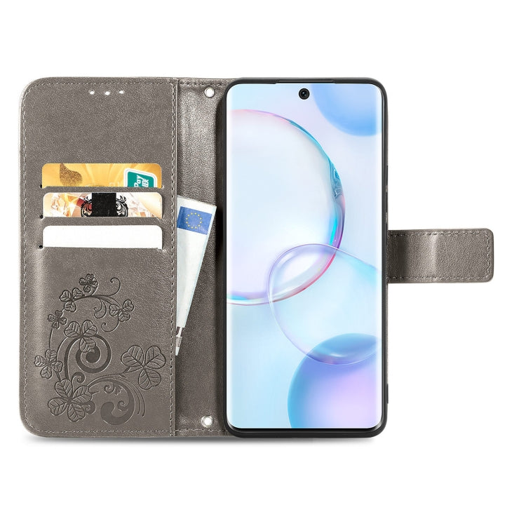 For Honor 50 Four-leaf Clasp Embossed Buckle Mobile Phone Protection Leather Case with Lanyard & Card Slot & Wallet & Bracket Function