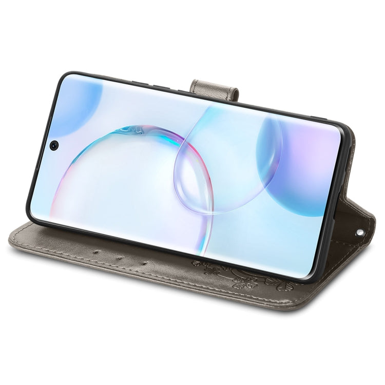 For Honor 50 Four-leaf Clasp Embossed Buckle Mobile Phone Protection Leather Case with Lanyard & Card Slot & Wallet & Bracket Function