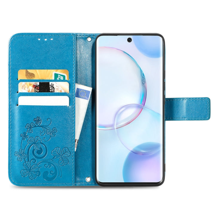 For Honor 50 Four-leaf Clasp Embossed Buckle Mobile Phone Protection Leather Case with Lanyard & Card Slot & Wallet & Bracket Function