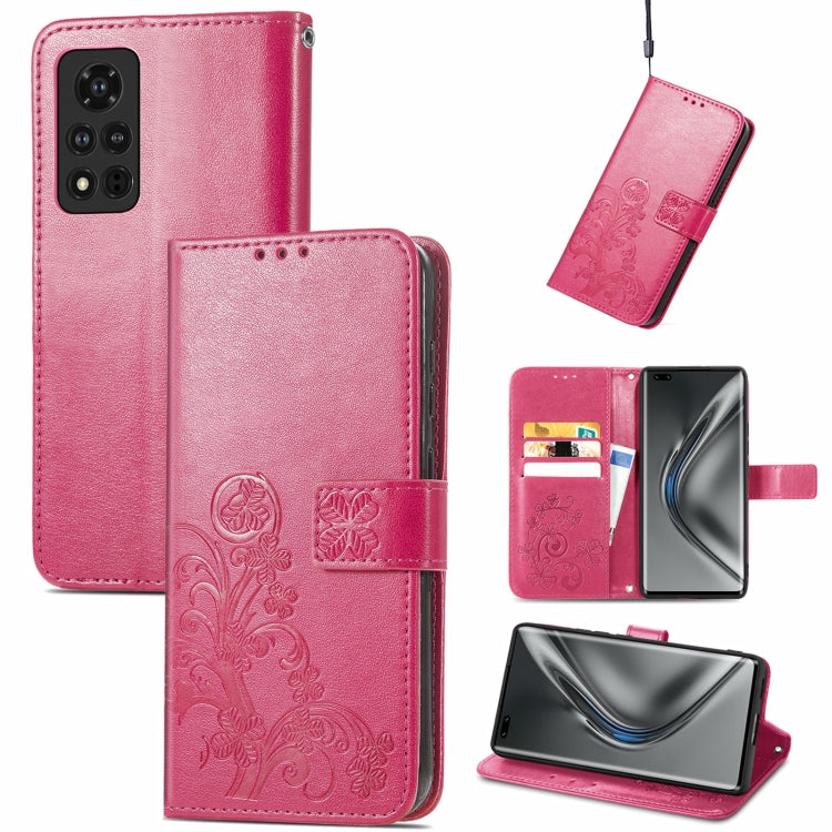 For Honor V40 5G Four-leaf Clasp Embossed Buckle Mobile Phone Protection Leather Case with Lanyard & Card Slot & Wallet & Bracket Function