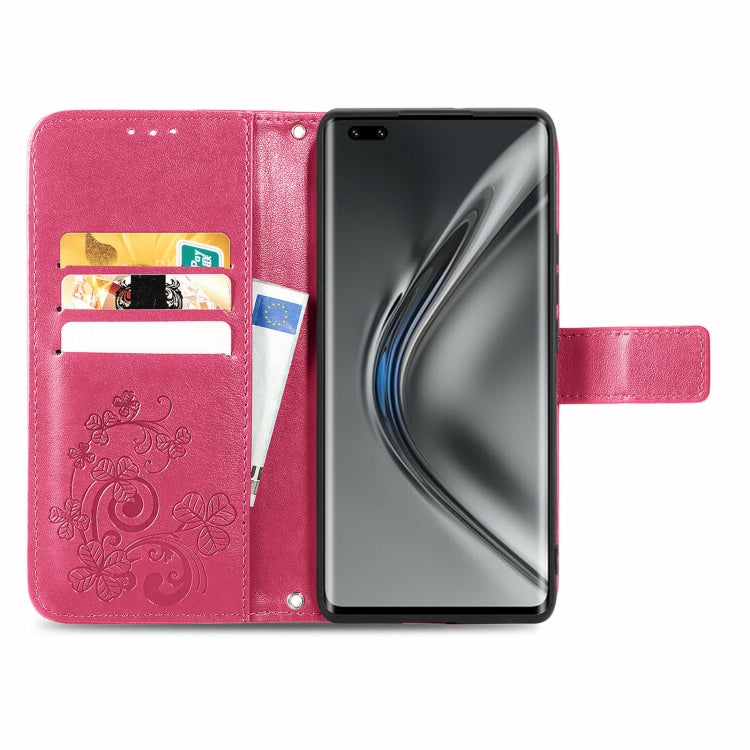 For Honor V40 5G Four-leaf Clasp Embossed Buckle Mobile Phone Protection Leather Case with Lanyard & Card Slot & Wallet & Bracket Function