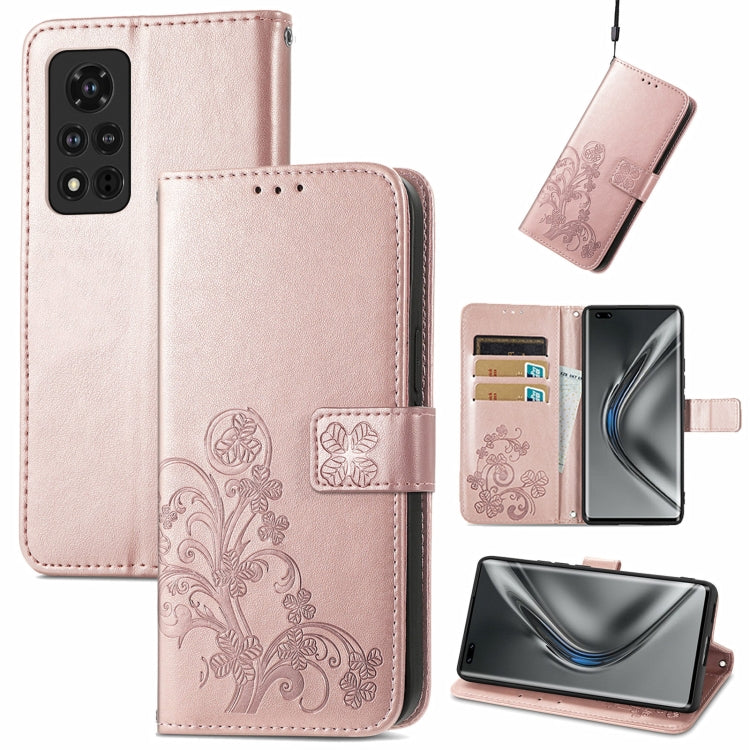 For Honor V40 5G Four-leaf Clasp Embossed Buckle Mobile Phone Protection Leather Case with Lanyard & Card Slot & Wallet & Bracket Function