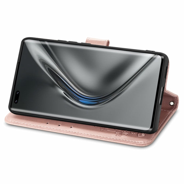 For Honor V40 5G Four-leaf Clasp Embossed Buckle Mobile Phone Protection Leather Case with Lanyard & Card Slot & Wallet & Bracket Function