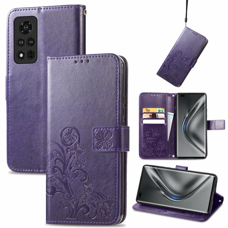 For Honor V40 5G Four-leaf Clasp Embossed Buckle Mobile Phone Protection Leather Case with Lanyard & Card Slot & Wallet & Bracket Function