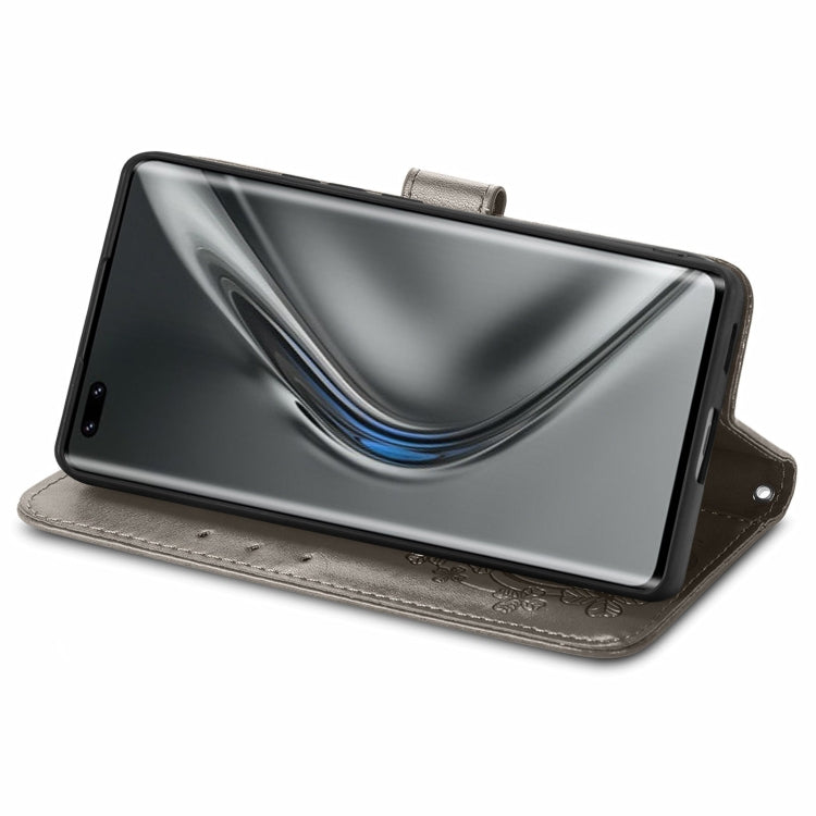 For Honor V40 5G Four-leaf Clasp Embossed Buckle Mobile Phone Protection Leather Case with Lanyard & Card Slot & Wallet & Bracket Function