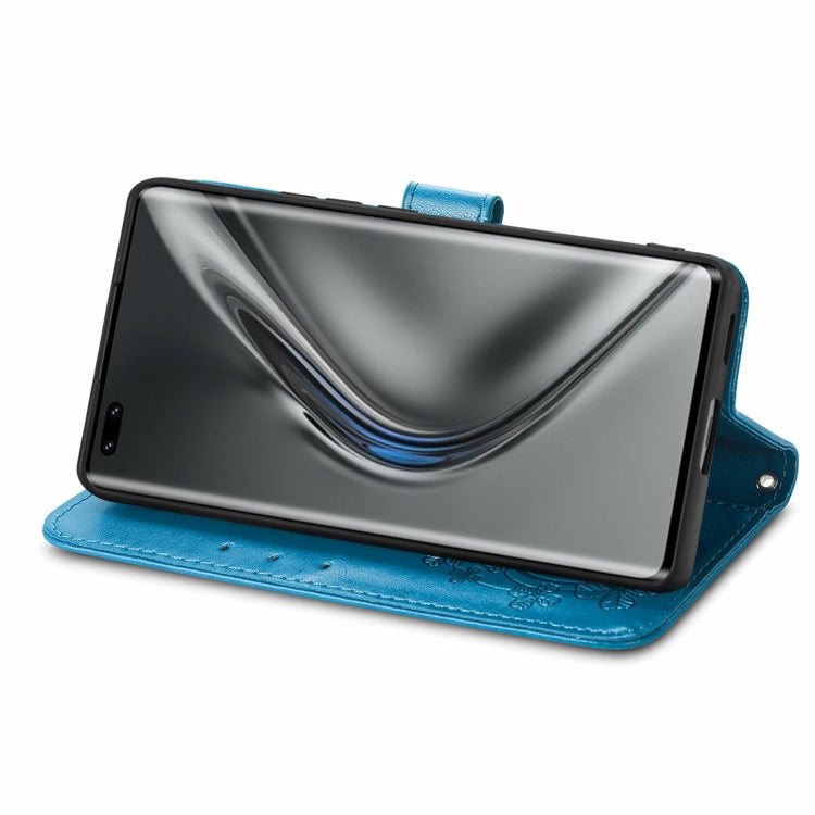 For Honor V40 5G Four-leaf Clasp Embossed Buckle Mobile Phone Protection Leather Case with Lanyard & Card Slot & Wallet & Bracket Function