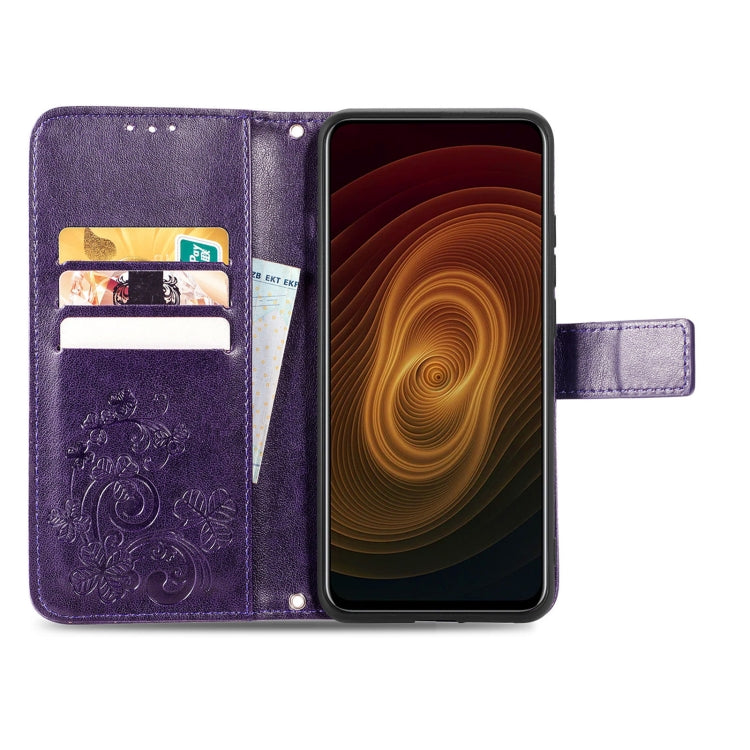 For ZTE AXON 20 5G Four-leaf Clasp Embossed Buckle Mobile Phone Protection Leather Case with Lanyard & Card Slot & Wallet & Bracket Function