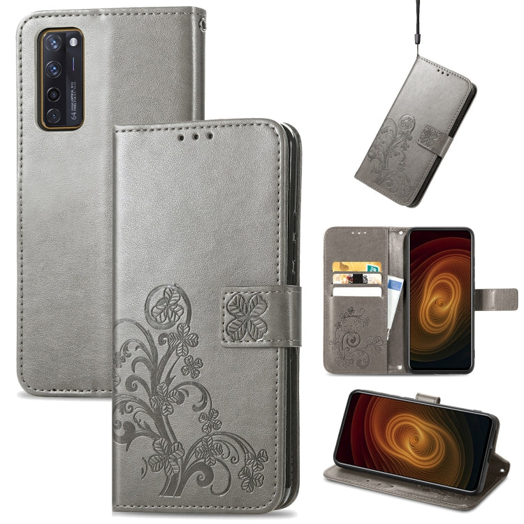 For ZTE AXON 20 5G Four-leaf Clasp Embossed Buckle Mobile Phone Protection Leather Case with Lanyard & Card Slot & Wallet & Bracket Function