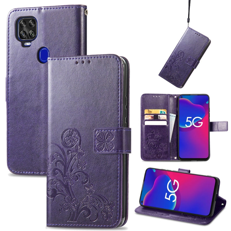 For ZTE Axon 11 SE 5G Four-leaf Clasp Embossed Buckle Mobile Phone Protection Leather Case with Lanyard & Card Slot & Wallet & Bracket Function