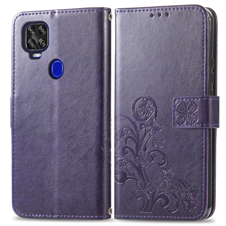 For ZTE Axon 11 SE 5G Four-leaf Clasp Embossed Buckle Mobile Phone Protection Leather Case with Lanyard & Card Slot & Wallet & Bracket Function