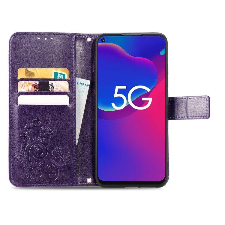 For ZTE Axon 11 SE 5G Four-leaf Clasp Embossed Buckle Mobile Phone Protection Leather Case with Lanyard & Card Slot & Wallet & Bracket Function