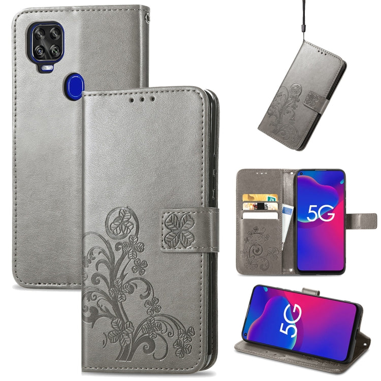 For ZTE Axon 11 SE 5G Four-leaf Clasp Embossed Buckle Mobile Phone Protection Leather Case with Lanyard & Card Slot & Wallet & Bracket Function