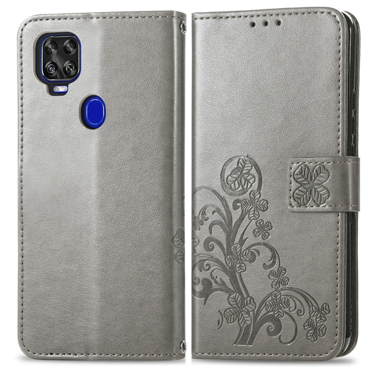 For ZTE Axon 11 SE 5G Four-leaf Clasp Embossed Buckle Mobile Phone Protection Leather Case with Lanyard & Card Slot & Wallet & Bracket Function