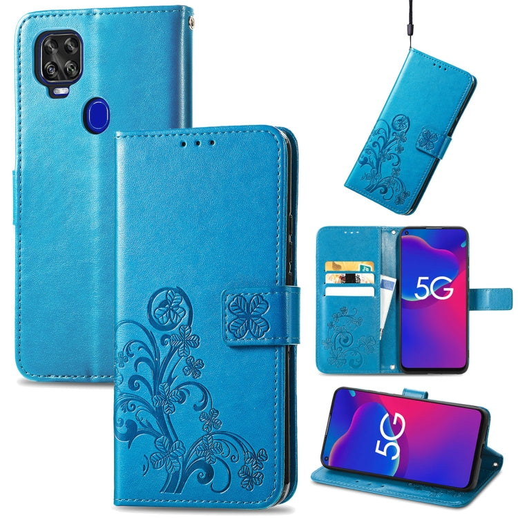 For ZTE Axon 11 SE 5G Four-leaf Clasp Embossed Buckle Mobile Phone Protection Leather Case with Lanyard & Card Slot & Wallet & Bracket Function