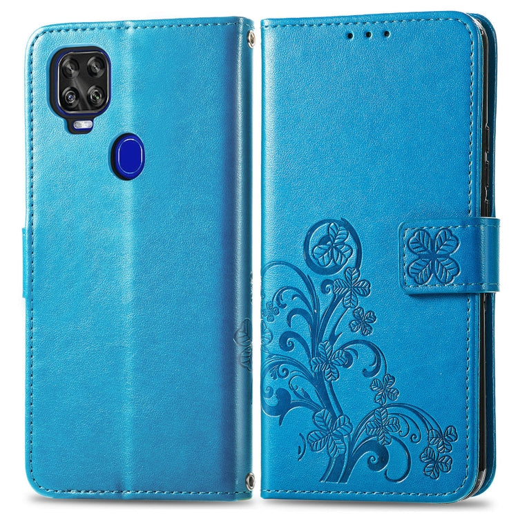 For ZTE Axon 11 SE 5G Four-leaf Clasp Embossed Buckle Mobile Phone Protection Leather Case with Lanyard & Card Slot & Wallet & Bracket Function