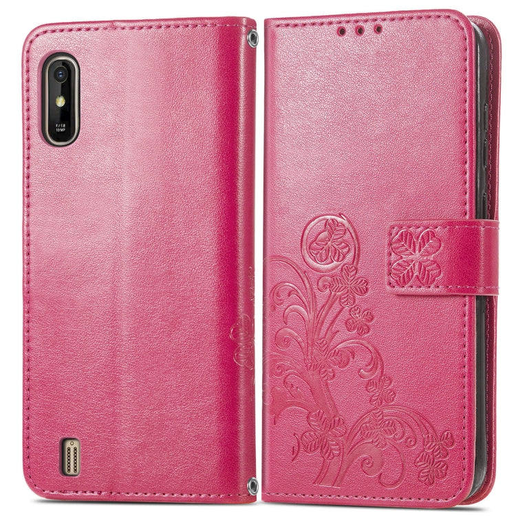 For Wiko Y81 Four-leaf Clasp Embossed Buckle Mobile Phone Protection Leather Case with Lanyard & Card Slot & Wallet & Bracket Function