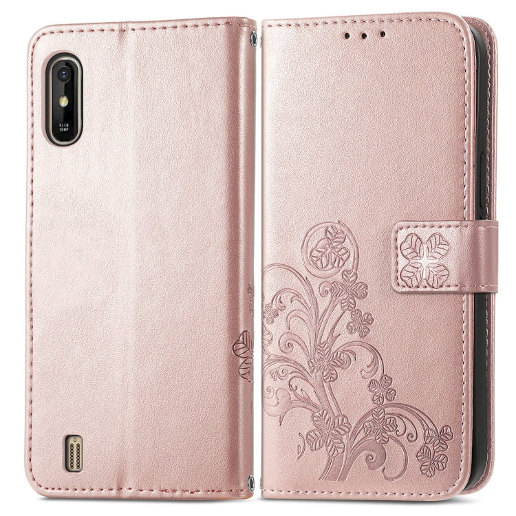 For Wiko Y81 Four-leaf Clasp Embossed Buckle Mobile Phone Protection Leather Case with Lanyard & Card Slot & Wallet & Bracket Function