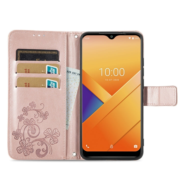 For Wiko Y81 Four-leaf Clasp Embossed Buckle Mobile Phone Protection Leather Case with Lanyard & Card Slot & Wallet & Bracket Function