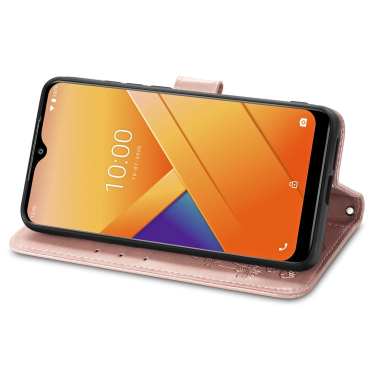 For Wiko Y81 Four-leaf Clasp Embossed Buckle Mobile Phone Protection Leather Case with Lanyard & Card Slot & Wallet & Bracket Function