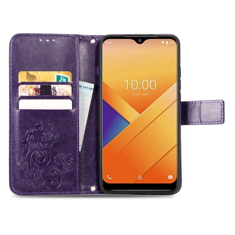 For Wiko Y81 Four-leaf Clasp Embossed Buckle Mobile Phone Protection Leather Case with Lanyard & Card Slot & Wallet & Bracket Function