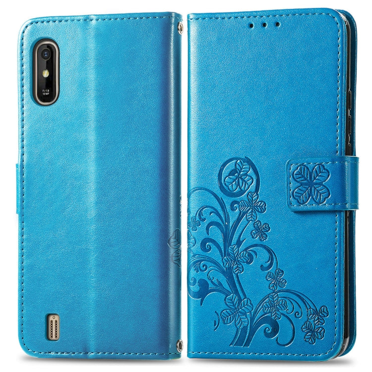 For Wiko Y81 Four-leaf Clasp Embossed Buckle Mobile Phone Protection Leather Case with Lanyard & Card Slot & Wallet & Bracket Function