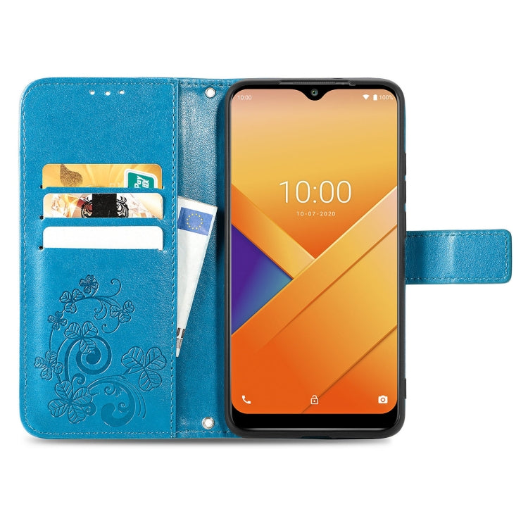 For Wiko Y81 Four-leaf Clasp Embossed Buckle Mobile Phone Protection Leather Case with Lanyard & Card Slot & Wallet & Bracket Function