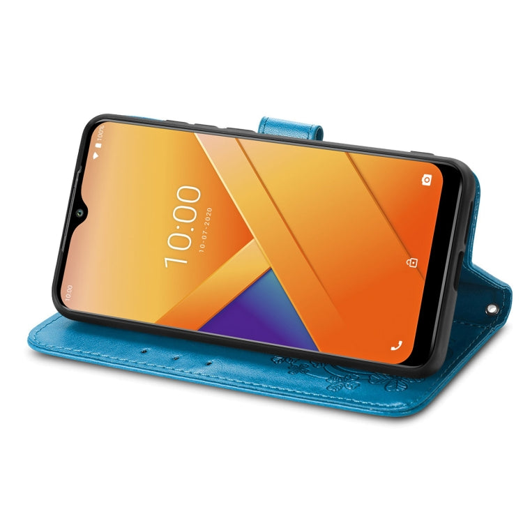 For Wiko Y81 Four-leaf Clasp Embossed Buckle Mobile Phone Protection Leather Case with Lanyard & Card Slot & Wallet & Bracket Function