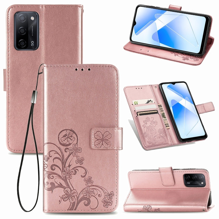 For OPPO A55 5G Four-leaf Clasp Embossed Buckle Mobile Phone Protection Leather Case with Lanyard & Card Slot & Wallet & Bracket Function