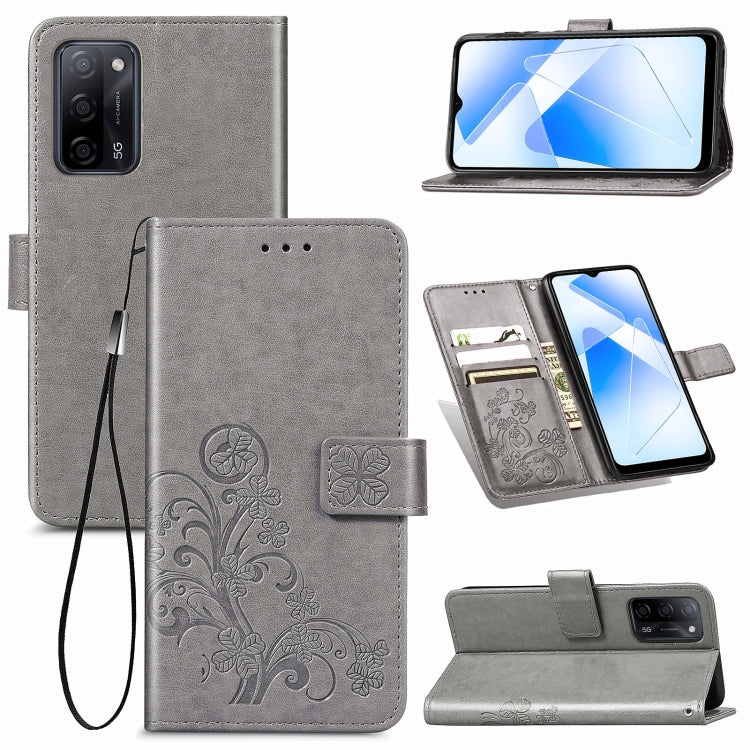 For OPPO A55 5G Four-leaf Clasp Embossed Buckle Mobile Phone Protection Leather Case with Lanyard & Card Slot & Wallet & Bracket Function