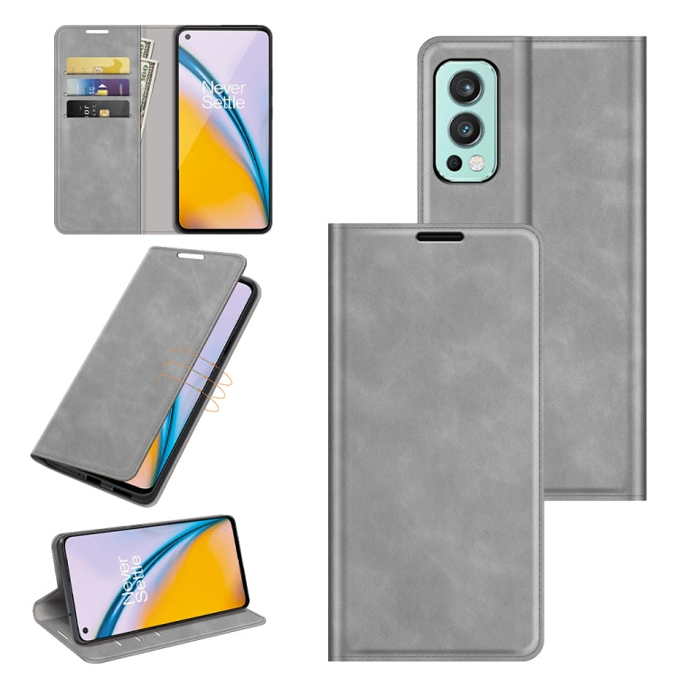 For OnePlus Nord 2 5G Retro-skin Business Magnetic Suction Leather Case with Holder & Card Slots & Wallet