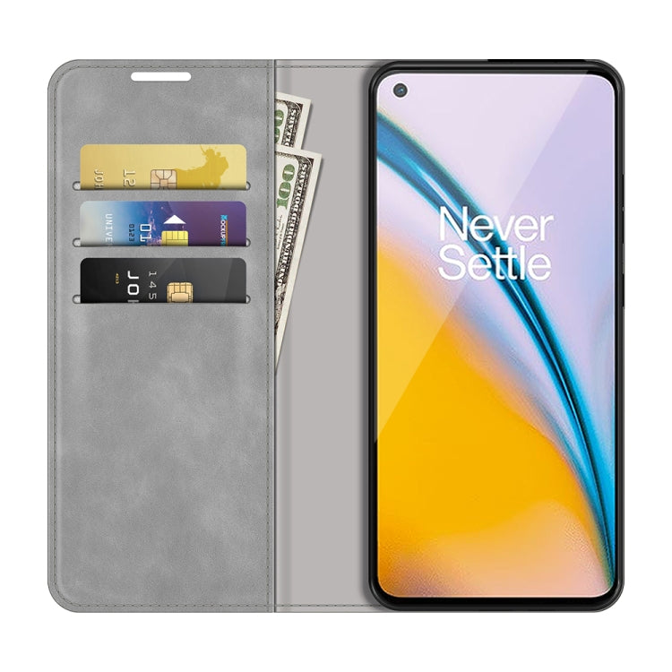 For OnePlus Nord 2 5G Retro-skin Business Magnetic Suction Leather Case with Holder & Card Slots & Wallet