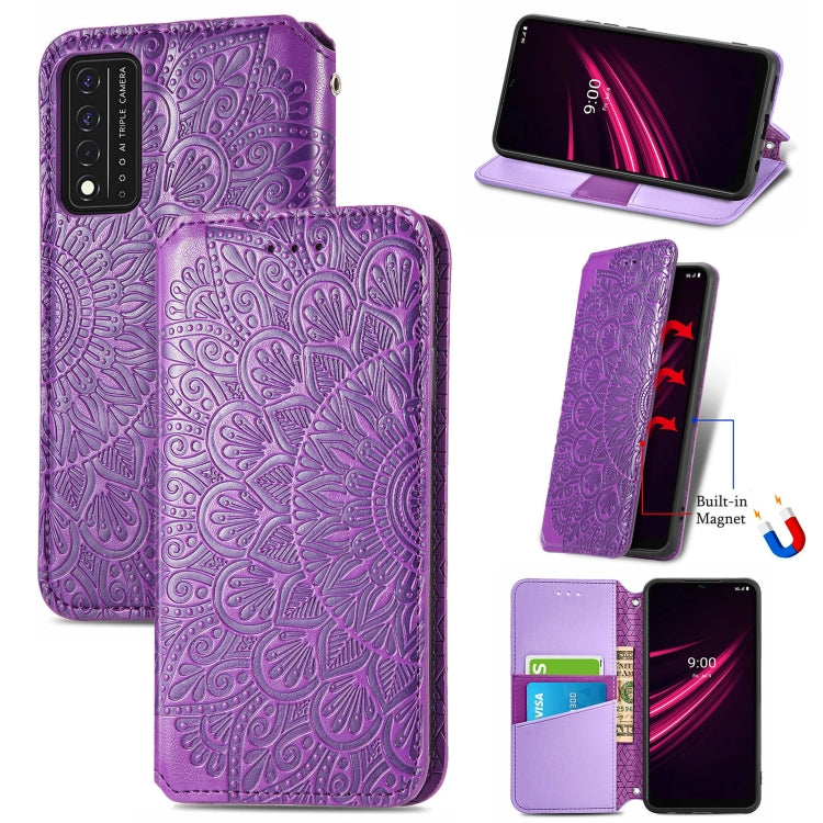 For T-Mobile REVVL V+ 5G Blooming Mandala Embossed Pattern Magnetic Horizontal Flip Leather Case with Holder & Card Slots & Wallet